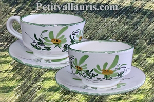 LARGE CUP WITH UNDER PLATE GREEN FLOWER DECORATION